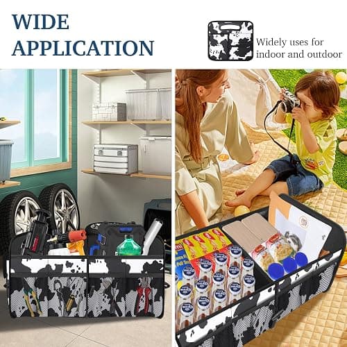 Femuar Car Trunk Organizer, Cow Print, Vintage Style, 52L Capacity, 4 Compartments, Waterproof, Non-Slip, Collapsible, 22.5"D x 18"W x 10.8"H thumbnail 6