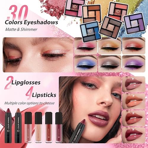 Color Nymph Starter Makeup Kit for Tweens Girls, Train Case for Women Full Kit with Eye Shadow, Lipstick, Blush, Brushes, Lipgloss, Mascara, Brow Wax and Mirror Pink Full Starter Cosmetics Set thumbnail 2