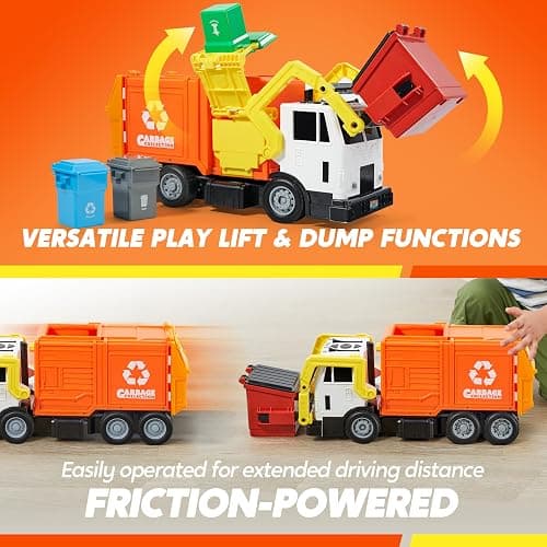 JOYIN Large Friction Powered Garbage Truck Toy Set, Includes Dumpster, Trash Bins, and Learning Cards for Kids, Orange thumbnail 3