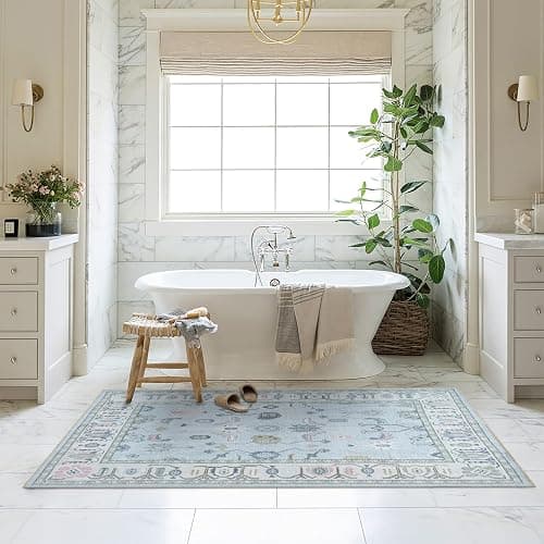Fame Living Cream Blue Oushak Rug, Modern, Vintage, Turkish, Eclectic, Floral, Pastel, Washable, Area Rugs for Living Room, Dining, Bedroom, Office, Entryway, Foyer, Playroom, Nursery, 5'x6'9" thumbnail 9