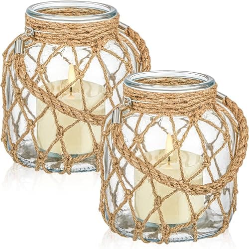 Blushtier 2 Set Nautical Candle Lantern with Rope Handle Coastal Glass Jar Battery Operated LED Flameless Lantern for Room Party Sea Beach House Table Centerpieces Decoration 5.5" x 5.5" x 6.3" - Image 1