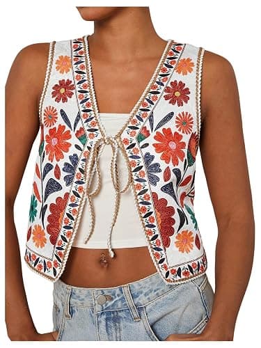 GORGLITTER Women's Tie Front Vest Top Country Concert Western Cowgirl Outfit Floral Vest - Image 1