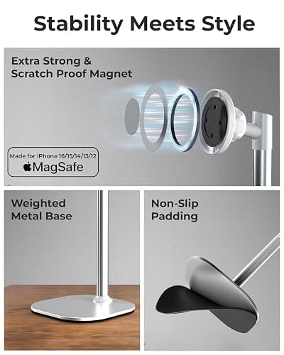 COOPER MagStand, Adjustable Magnetic iPhone Stand for Desk & Phone Holder for Video Recording, Compatible with MagSafe, Stand for iPhone 17 Pro Max, 16/15/14/13/12, Small Mag Safe Tripod (White) thumbnail 4
