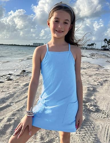 Arshiner Girls Dress with Shorts Casual Summer Spaghetti Straps One Piece Romper Dresses with Pockets for Kid 5-15 Y - 9-10 Years - Light Blue thumbnail 9