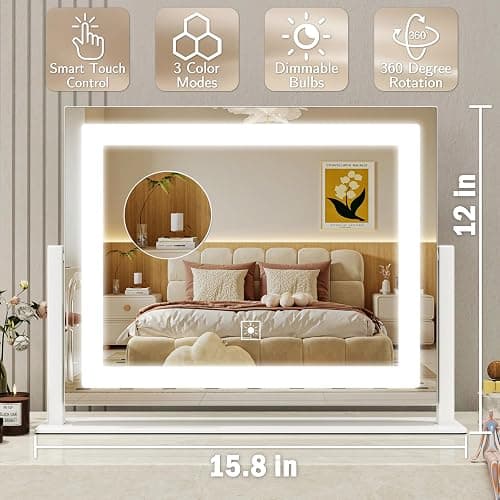 ROLOVE 16x12 Inch Vanity Mirror with Lights, Lighted Makeup Mirror with 10X Magnification, Smart Touch 3 Colors Dimmable, Dresser Mount, Bathroom (White) thumbnail 2