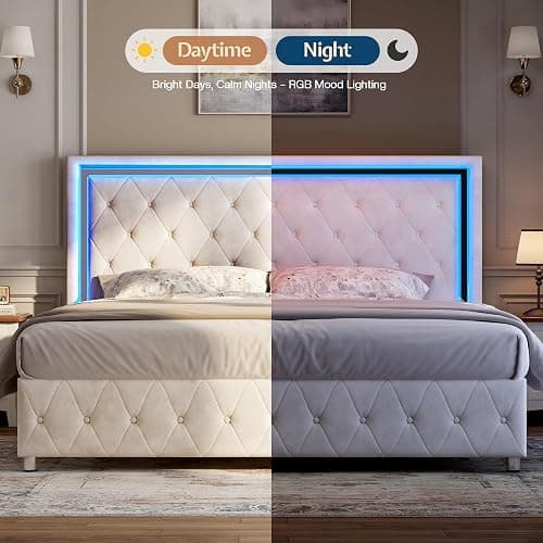 Jocisland Queen Bed Frame with LED Lights Headboard&Footboard, Velvet Upholstered Queen Size Platform Bed Frame No Box Spring Needed/Cream thumbnail 5