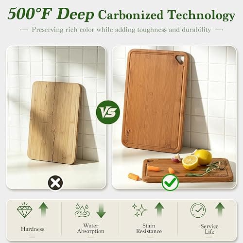 Bamboo Cutting Board 3-Piece Wooden Bread Boards for kitchen | Deep-Carbonized Bamboo Set with Deep-Carbonized Finish & Non-Slip Edges, Size for Meat/Veggie,Cutting Board with Hanging Hole thumbnail 4