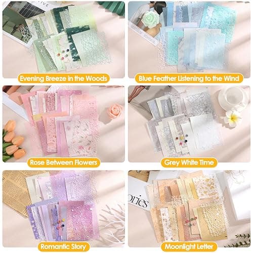 156 Sheets Textured Scrapbook Paper and Mesh Fabric Assorted Set, Sublaga 6 Pack Mixed Special Paper for Scrapbooking Planner Bullet Junk Journal Supplies 5.5x4 Inch thumbnail 5