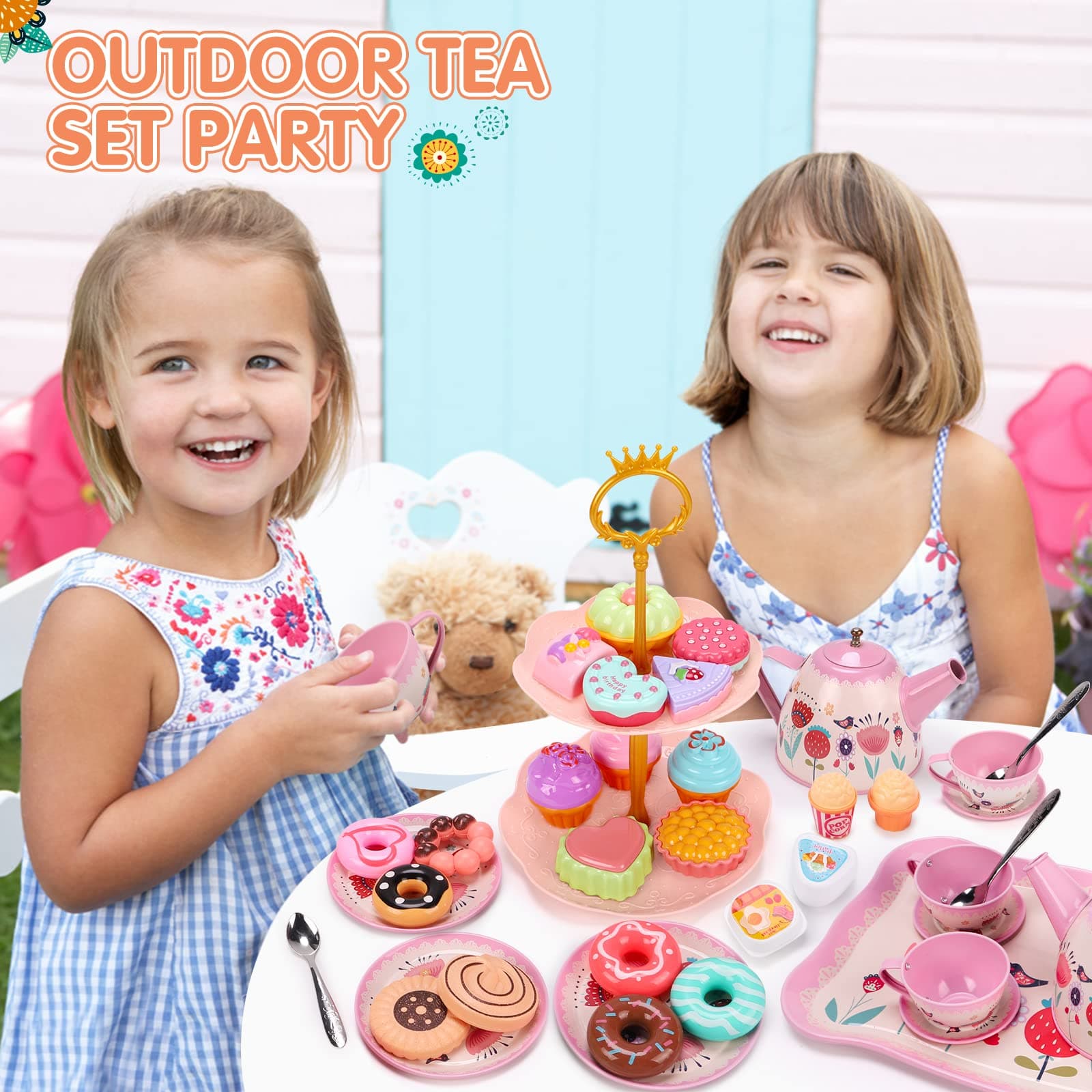 REMOKING 45 PCS Kids Tea Party Set for Little Girls,Tea Set Including Pretend Tin Teapot,Dessert,Cookies,Doughnut,Ice Cream, Kids Kitchen Pretend Play Playset,3 4 5 6 7 Year Old Boys Girls Gifts Toy thumbnail 5