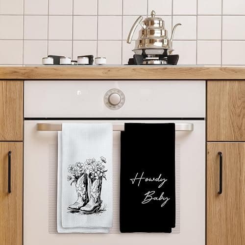 Tzhim Western Kitchen Towels, Preppy Cowboy Hand Towels, Black Cowgirls Boots Floral Rodeo Dishcloths Tea Towels for Kitchen, Vintage Retro Howdy Baby KitchenBathroom Decor Set of 2, 16x24in thumbnail 2