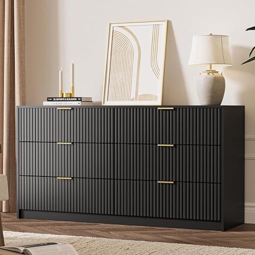 MAISONARIA Black 6 Drawer Dresser for Bedroom, 55" Wide Modern Chest of Drawers with Gold Metal Handles, Fluted Wood TV Stand for Living Room, Hallway - Image 1
