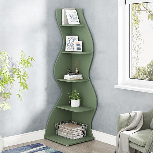 Tribesigns Corner Shelf, Modern 5-Tier Wall Corner Bookshelf, Stylish Corner Small Bookcase Storage Rack Plant Stand with Unique Shape for Living Room, Home Office (Sage Green, 1PC) thumbnail 2