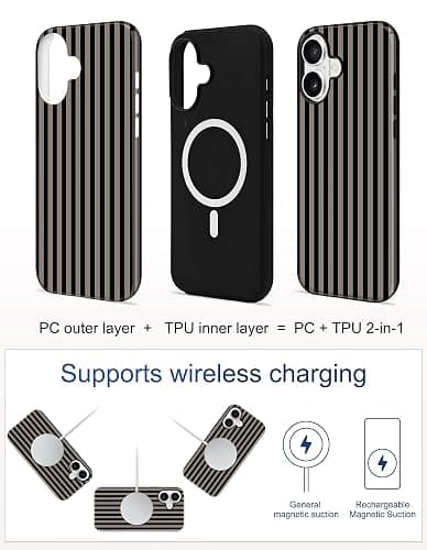 Aitipy Magnetic Striped Phone Case for iPhone 16 Plus, Black Gray | Compatible with MagSafe, Cute Stripes Aesthetic Pattern Design, TPU and PC Protective Phone Cover for Women Men Girls Boys thumbnail 2