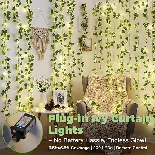 suddus 200 LED Vine with Light Plug in, 6.5ft x 6.5ft Pothos Fairy Curtain Lights with Remote, Leaf Fairy Lights for Wall,Bedroom, Dorm, Wedding, Party, Indoor Decor(Warm White) thumbnail 4