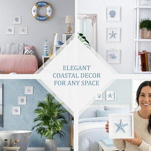 TideAndTales Blue Seashells and Starfish (Framed Set of 3) Coastal 3D Wall Art, Beach Wall Decor for Bathroom or Coastal Bedroom, Ocean Inspired Seaside Decorations for Home or Beach House (7"x7") thumbnail 5