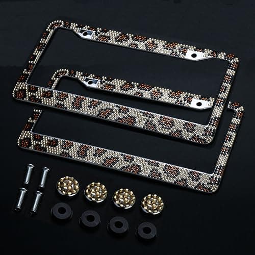 2PCS Auto Leopard License Plate Frame, Bling License Plate Frame, Stylish Rhinestone Leopard Car Accessories for Women - Image 1
