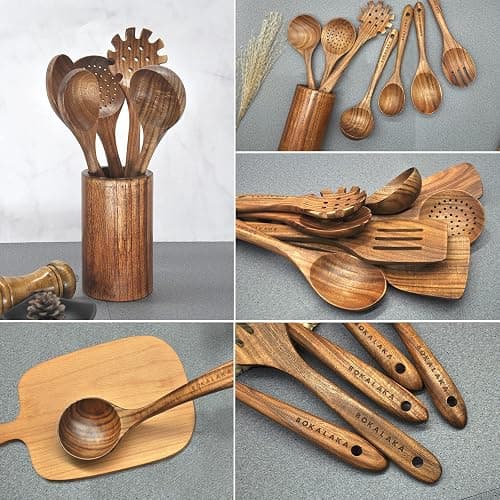 Wooden Spoons for Cooking,10 Pcs Natural Teak Wooden Kitchen Utensils Set Wooden Utensils for Cooking Wooden Cooking Utensils Wooden Spatulas for Cooking (10) thumbnail 4