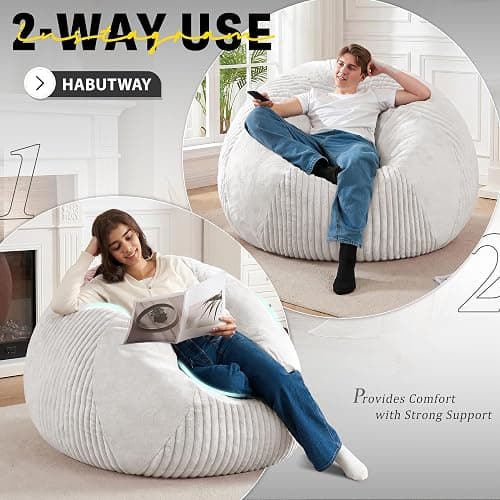 4FT Bean Bag Chairs Teardrop Bean Bag Chairs for Adults Beanbag Chair with Memory Foam Filled Soft Plush Leaf alongside Stripe Faux Fur Washable Cover for Dorm, Bedroom(Plush WH) thumbnail 4