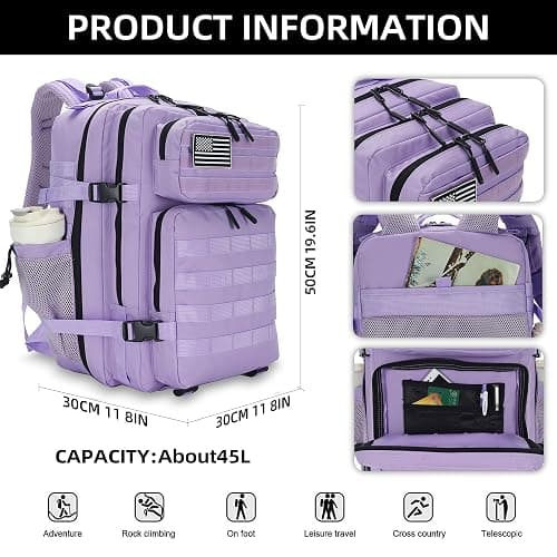 Lovelinks21 45L Tactical Assault Backpack 3 Day Assault Pack with MOLLE Waterproof Rucksack for Tactical Backpacks (Light Purple) thumbnail 2
