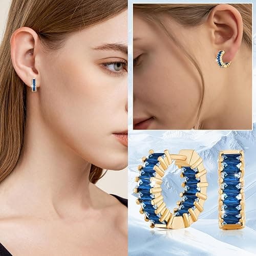 Richapex Sapphire Earrings for women, 18K Gold Plated Crystal Flower Earrings | Small Hoop Earring |Gold Earring for Women thumbnail 7