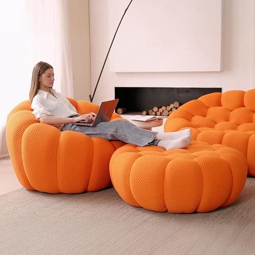 Bubble Couch, Lazy Floor Sofa, Oversized Bubble Sofa, Modern Upholstered Comfy Mesh Fabric 3D Honeycomb Shape Curved Couch for Living Room, Office, Apartment (Orange) - 41"+49"+78"+98" - Orange thumbnail 4