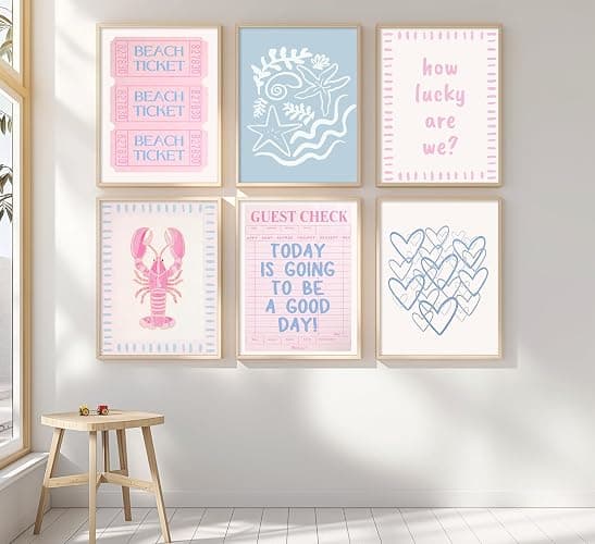 Pink Blue Beach Preppy Wall Art Coastal Granddaughter Aesthetic Summer Picture Wall Decor Trendy Beach Ticket Starfish Poster Lucky Heart Painting Print Artwork for Girly Room Dorm Apartment, Unframed thumbnail 4