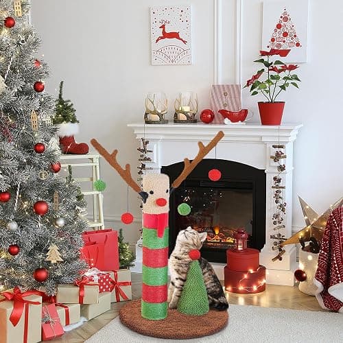 BOLUO Christmas Cat Scratching Post Deer Cat Trees for Adult Cats Scratcher Cute Toy Kitten Kitty Sisal Scratch with Teaser Ball Indoor 25 inch thumbnail 8