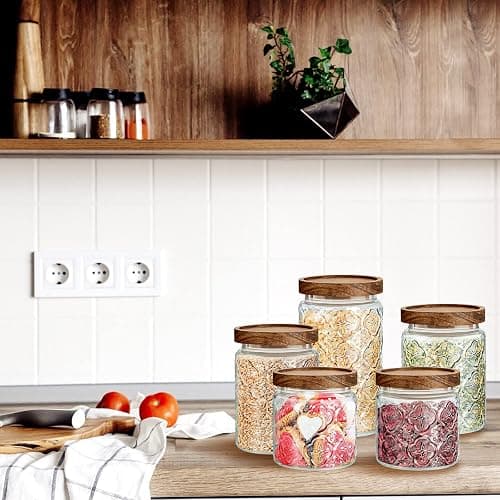 Gerrii 5 Pcs Begonia Pattern Round Vintage Glass Food Storage Containers 17/24/34 oz Glass Jar with Lid Airtight Candy Jar Food Canisters for Kitchen Counter Pantry Coffee Tea Beans thumbnail 2