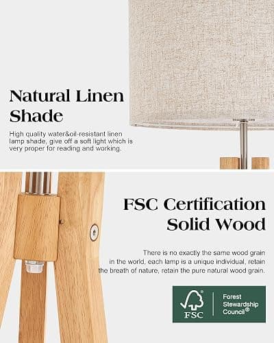 ELYONA Nordic Wood Tripod Floor Lamp, Modern Reading Standing Lamp for Living Room 3 Color Temperatures LED Bulb Included Flaxen Lamp Shade, Boho Natural Wooden floor lamp for Bedroom Office Kids Room thumbnail 4