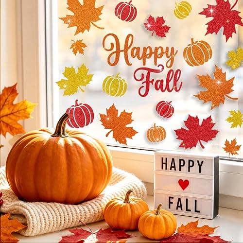 Glitter Fall Window Clings Autumn Thanksgiving Window Stickers Decals Decor | 6 Sheets Window Decals with Sparkling Powder, Happy Fall Decorations for Home Office School Classroom Kids Room Indoor Party thumbnail 5