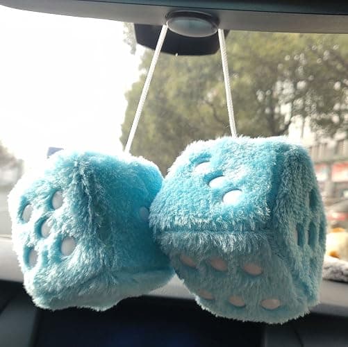 Fuzzy Plush Dice for Car Mirror, Pair of Retro 3” Pink Dice with White Dots for Car Interior Hanging Ornament Decoration thumbnail 6