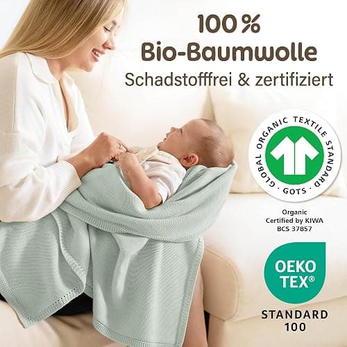Merle Toys® Premium Babydecke Baumwolle, 100% Bio - GOTS & Oeko-TEX Zertifizierte Strickdecke, Baby Decke Neugeborenen, Kuscheldecke Baby, Blanket Newborn Cotton, Babydecke Bio Baumwolle, Mint thumbnail 2
