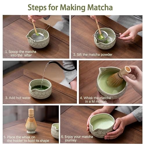 Buucup Matcha Whisk Set, Ceramic Matcha Kit Set Includes Matcha Bowl, Matcha Whisk and Holder, Bamboo Scoop, Scoop Rest, Sifter and Tea Towel - 7 Pcs Matcha Kit for Matcha Lovers (Mottled Green) thumbnail 7