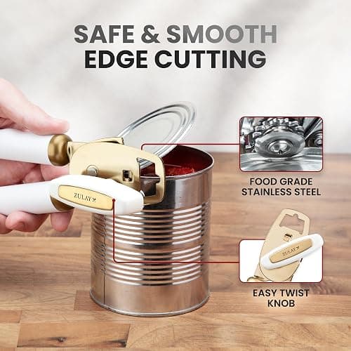 Zulay Kitchen Heavy Duty Stainless Steel Can Opener Manual with Bottle Opener - Rust Proof Manual Can Opener With Turn Knob & Comfy Soft Grip Handles - White & Gold thumbnail 4