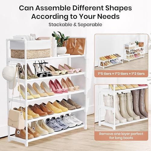 VILICK Shoe Rack for Closet Shoe Organizer Space Saver Storage for 20-25 Pair Shoe Shelf with Hook and Side Pocket Free Standing 5 Tier Shoe Rack Organizer for Entryway,Small Spaces, White thumbnail 5