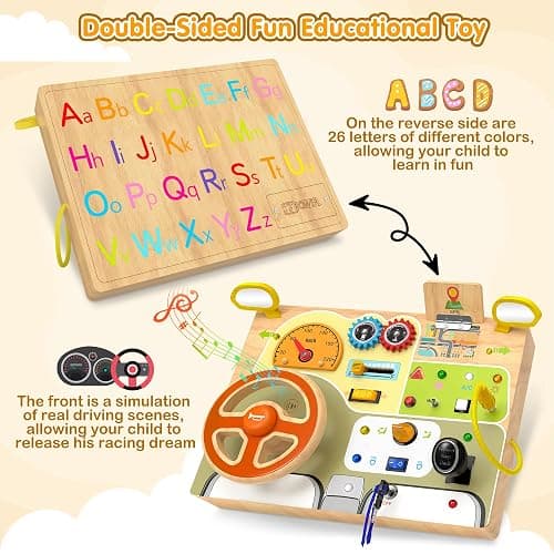 JGOBUB Montessori Toddler Toys - Baby Wooden Busy Board - Sensory Toys with Light Switch - Travel Toys for Educational Toddler Activities for Toddlers 1 2 3 4+ Year Old thumbnail 5