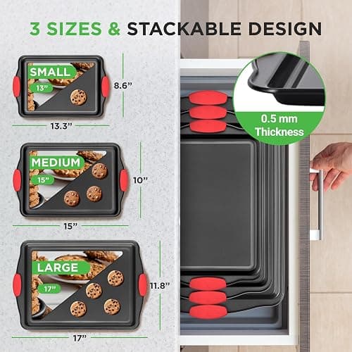 NutriChef 3-Piece Nonstick Kitchen Oven Baking Pans - Premium & Stylish Non-Stick Steel, Commercial Grade Restaurant Quality Metal Bakeware with Red Silicone Handles - Easy to Clean, NCSBS3S thumbnail 2