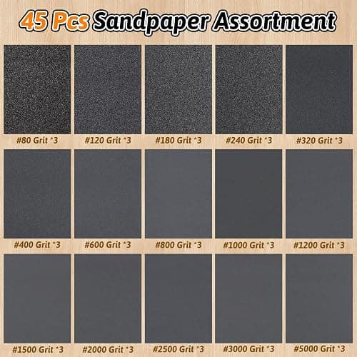 45 PCS Wet Dry Sandpaper 80-5000 Grit Sheets for Polishing & Finishing | 9 x 3.6 Inch Sand Paper Assortment Pack, Silicon Carbide Abrasive, Grit Marked Sheets, Wood, Metal & Automotive Polishing thumbnail 4