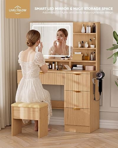 LIVELYGLOW 35.4" Wooden Makeup Vanity Set with Charging Station & Stool | Smart LED Mirror, Fluted Design, Cushioned Stool, Hairdryer Rack thumbnail 7