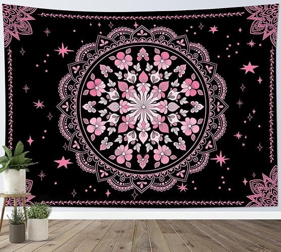 LB Black Floral Boho Tapestry Wall Hanging Pink and Black Bohemian Wall Tapestry Mandala Hippie Flower Wall Art for Bedroom Aesthetic Living Room Dorm Home Wall Decor, 60x40 Inches thumbnail 4