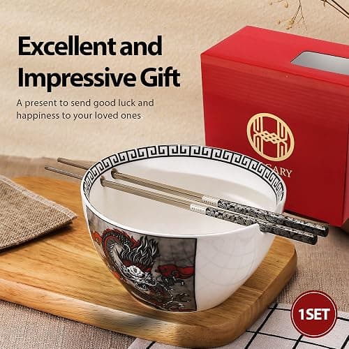 Hagary Dragon Ceramic Bowls Japanese Korean Soup Bowl Pasta Salad Dessert Serving Bowls Housewarming Wedding Gifts Designed in Korea (With Chopsticks) (Black, 20 oz - 1pc) thumbnail 7