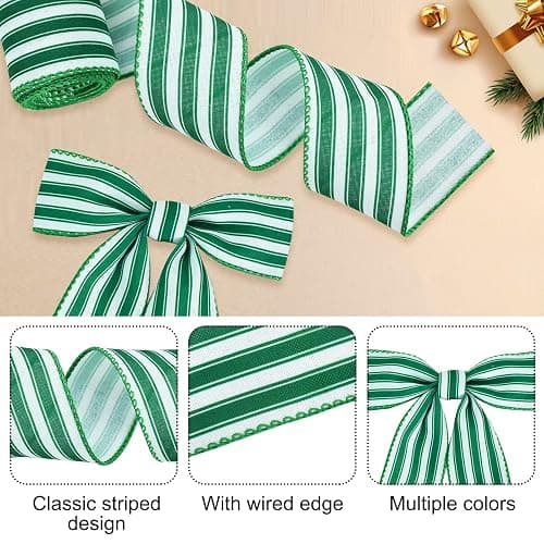 TONIFUL 2 Rolls-2 Inch Green Striped Wired Ribbon, Green and White Stripe Wired Ribbon for Gift Wrapping, Indoor, Bows Making, Wedding Birthday Party Decoration (6yds/roll) thumbnail 4