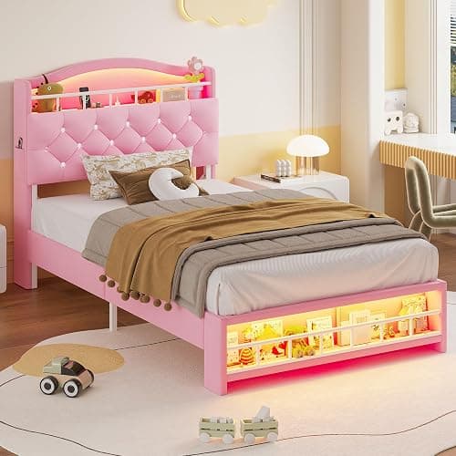 HAUOMS Twin Size Bed Frame with LED Lights, Princess Velvet Upholstered Platform Bed for Girls, Headboard with Charging Station & Guardrail & Crystal Button, No Box Spring Needed, Pink thumbnail 8