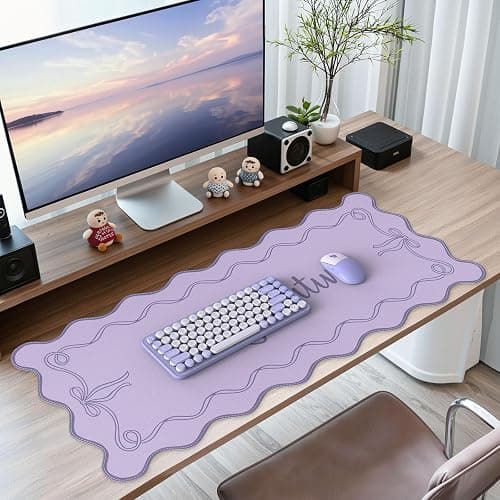 iCasso Purple Office Decor for Women, Scalloped Desk Cover Mat, Large Mouse Pad, Leather Waterproof Accessories Blotter, Non-Slip Mousepad for Organizer Office Dorm Supplies Teacher Girly - Image 1