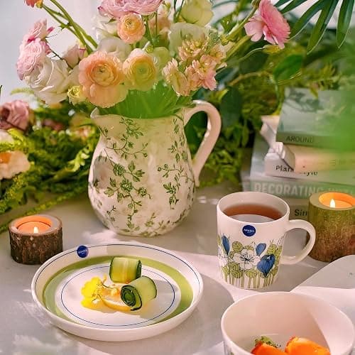 Ceramic Green and White Floral Vase with Handle, Rustic Farmhouse Pitcher Flower Vase, Chinoiserie Floral Vase for Home Decor, Living Room, Shelf, Office, Rustic Table Centerpiece 8 Inch thumbnail 8