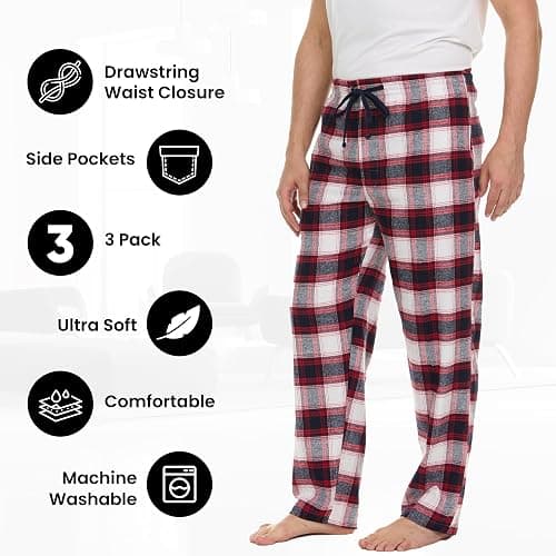 Pajama Pants for Men - 3 Pack Pajama Bottoms - Cotton Blend Flannel Plaid Lounge Pants, Comfortable PJ Pants thumbnail 4