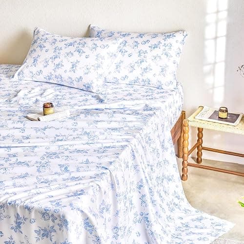 Wake In Cloud - Shabby Chic Bed Sheets, 4-Piece Sheet Set, Floral Botanical Coquette Cottagecore Vintage Flower, Soft Microfiber Deep Pocket Bedding, Light Blue, Queen Size thumbnail 4
