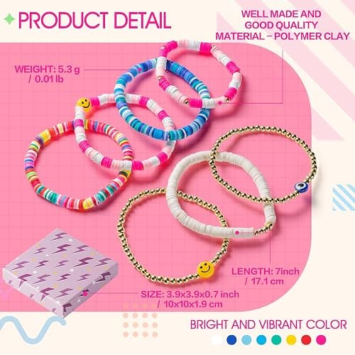 Y1tvei 7Pcs Heishi Surfer Bracelets Set Colorful Preppy Smile Evil Eye Beaded Stretch Bracelets Clay Stackable Boho Disc Y2K Aesthetic Summer Beach Bracelets thumbnail 3