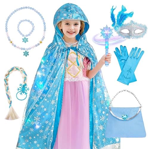 Frozen Toys for Girls-Princess Dress Up Set, 3 Lighting Mode Princess Cape, Music & Light Up Wand, Kids Makeup Kit, Wig, Mask, Gloves, Dress-up Accessories for Princess Cosplay Costume for Girl Age 3+ thumbnail 9