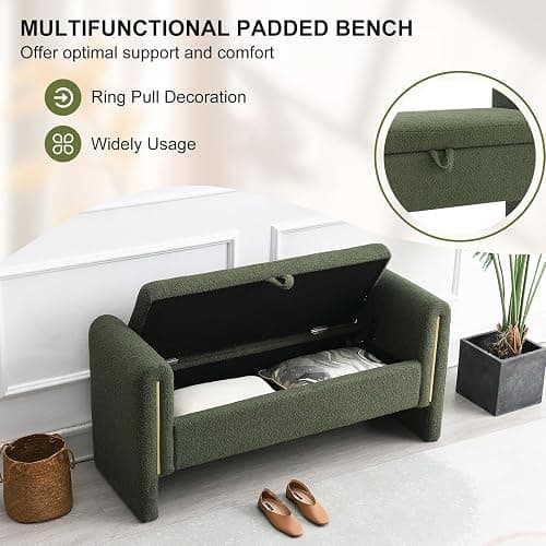NIOIIKIT 52" Storage Ottoman Bench, Teddy Upholstered Storage Bench with Armrest, Entryway Bench with Pull-Ring, End of Bed Bench, Window Bench for Living Room (Olive Green) thumbnail 5